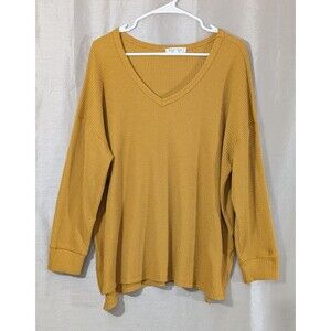 Workshop Republic Women's Top 2X Mustard Yellow V-Neck Long Sleeve Waffle Tee